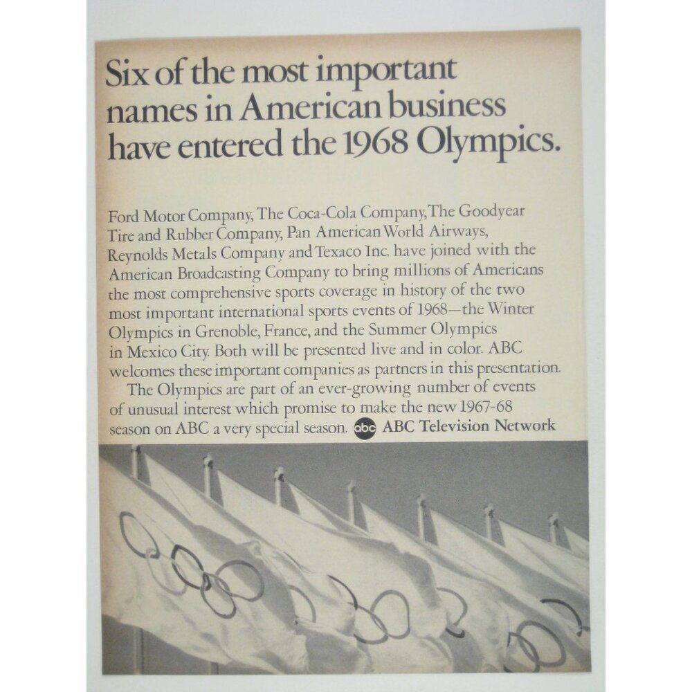 Six Of The Most Important Names American Business 1968 Olympics ABC Print AD